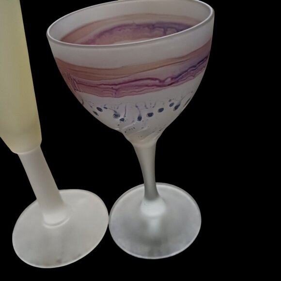 Vintage Hebro  Art Nouveau Drip Glaze Frosted Wine Glasses – Two Pieces - Picture 3 of 12